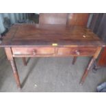 A Victorian mahogany two drawer side table having bun shaped handles and turned front legs, 72" h