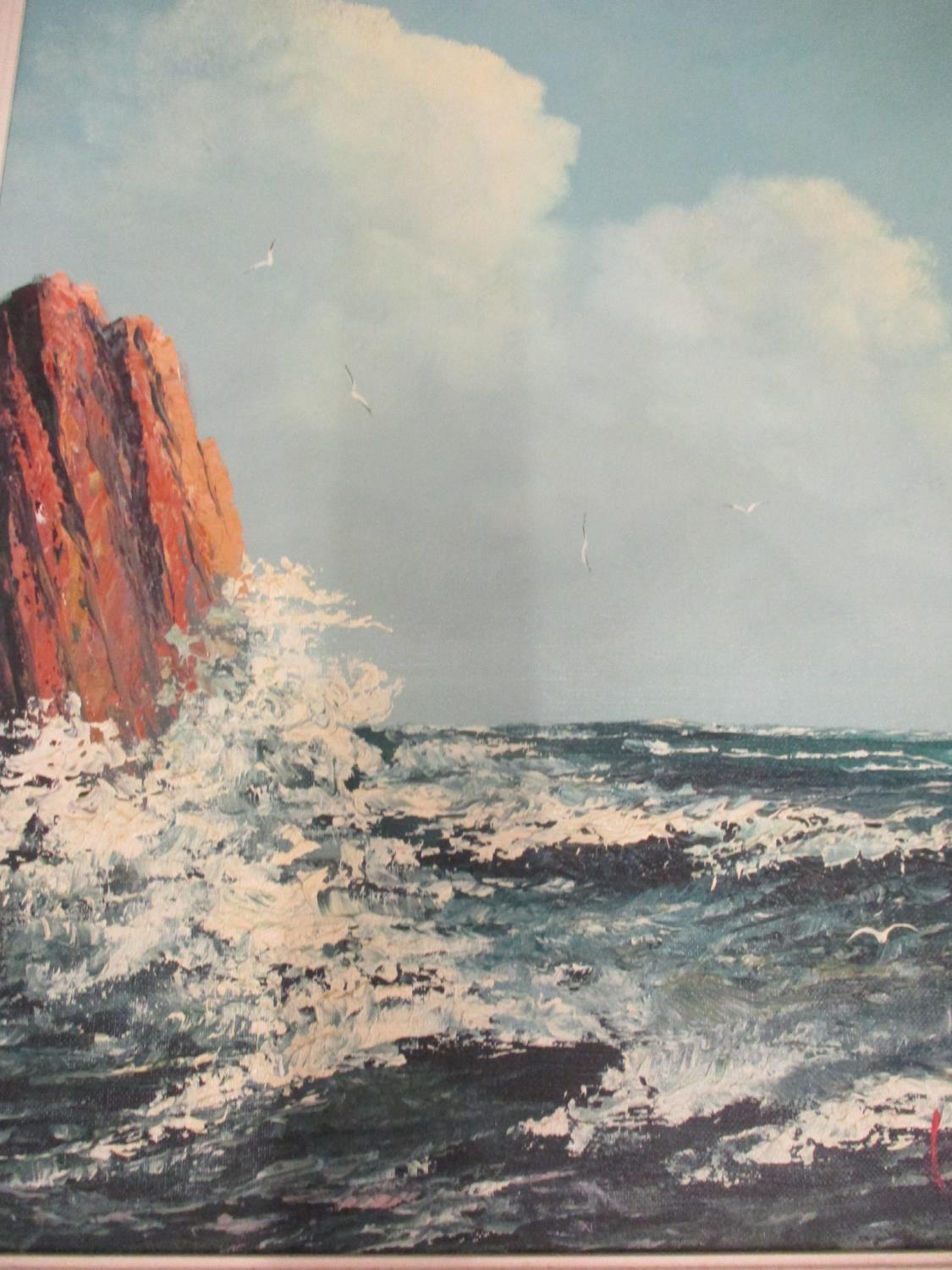 Early/mid 20th century seascape with a rocky outcrop and seagulls, oil on canvas, framed and R - Image 3 of 5