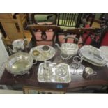 Silver plate to include teaware, an entrée dish and other items