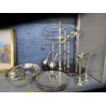 A group of silver plated and other metal items to include a bottle holder/opener bar accessory, pair