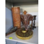 A Chinese carved cylindrical formed vase, together with an Indian model of a lion on a treen base