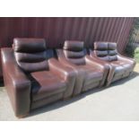 A modern brown leather two seater sofa and a pair of matching armchairs