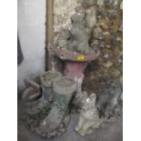 A selection of garden ornaments to include a bird bath, cat ornaments to include a bird bath, cat