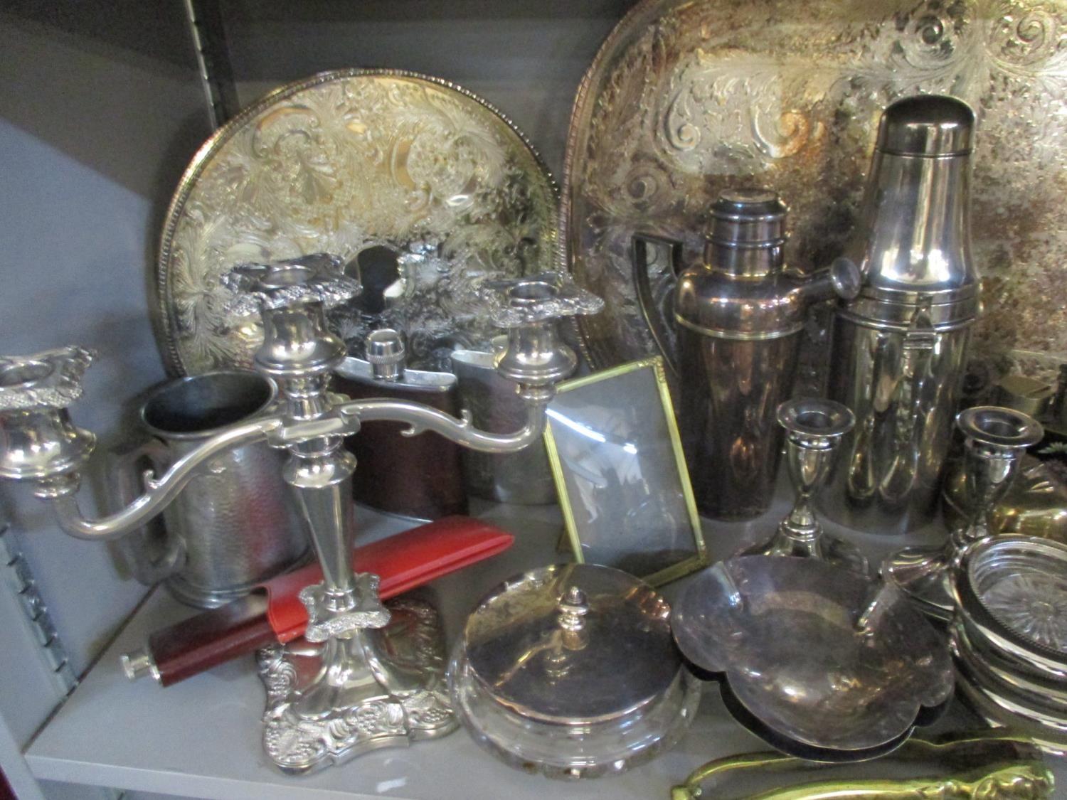 A quantity of silver plate and mixed metalware to include a cocktail shaker, two trays, a pair of - Image 3 of 3