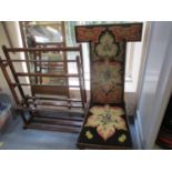 A prayer chair with tapestry seat and back, together with a mahogany towel rail