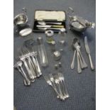 Silver topped dressing table bottles, together with silver plated examples, two silver thimbles,