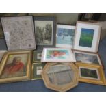 A mixed group of oils, an artist limited edition print, a sampler and various prints to include a