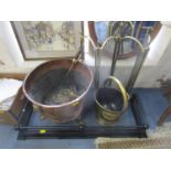 A mixed lot of copper and brass fire furniture, a cut glass light shade with fittings, a door