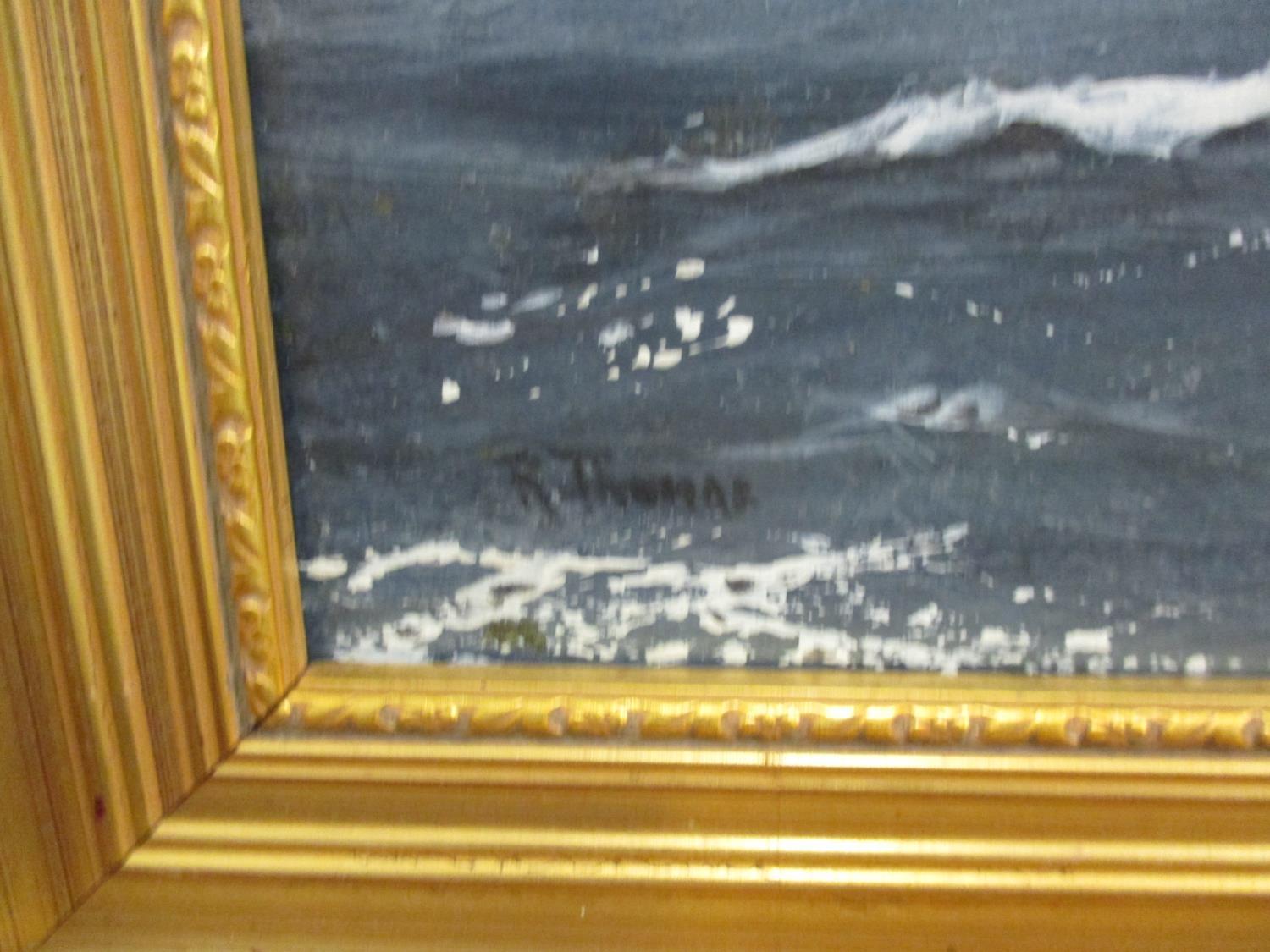 Early/mid 20th century seascape with a rocky outcrop and seagulls, oil on canvas, framed and R - Image 5 of 5