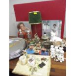 A mixed lot comprising marble table lamps and others, a quantity of stainless steel catering tray,