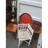 A mixed lot to include a painted bobbin turned corner, chair, a Canterbury, a brass table lamp,