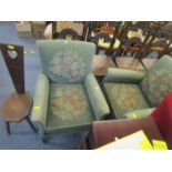 Two floral upholstered armchairs along with an oak spinning chair