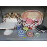A selection of ceramics to include Wedgewood Jasperware, a pair of Staffordshire dogs, pottery