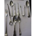 Four silver teaspoons and other silver implements to include sugar tongs, total weight 178g