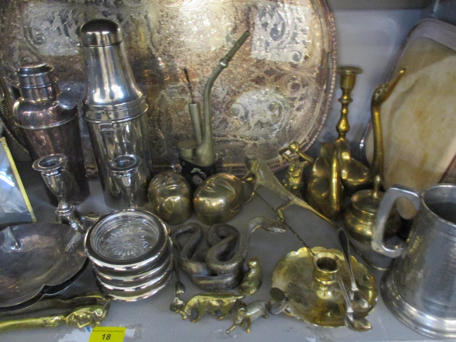 A quantity of silver plate and mixed metalware to include a cocktail shaker, two trays, a pair of - Image 2 of 3