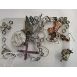 A selection of costume jewellery to include a silver and enamelled pendant cross on chain, Victorian