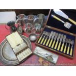 A quantity of silver plate and metalware to include cased fish knives and forks, tankards,