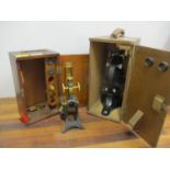 A box Chards microscope with an illumination reflector and a Victorian mahogany cased students