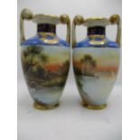 A pair of Japanese Noritake vases of baluster form with twin, spiral handles, decorated with river