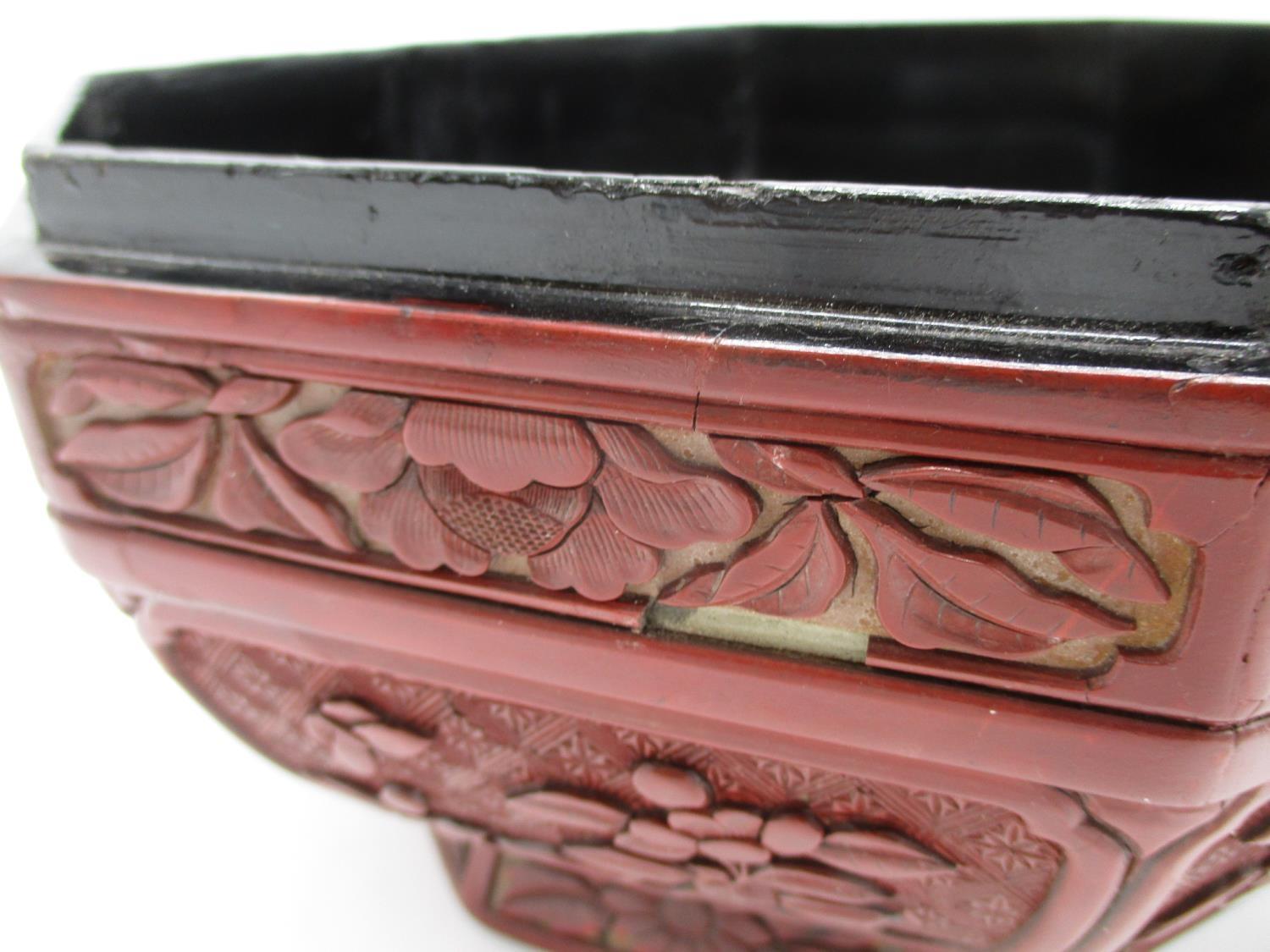 A large 19th century Chinese cinnabar box of octagonal form, the domed lid decorated with panels - Image 10 of 17