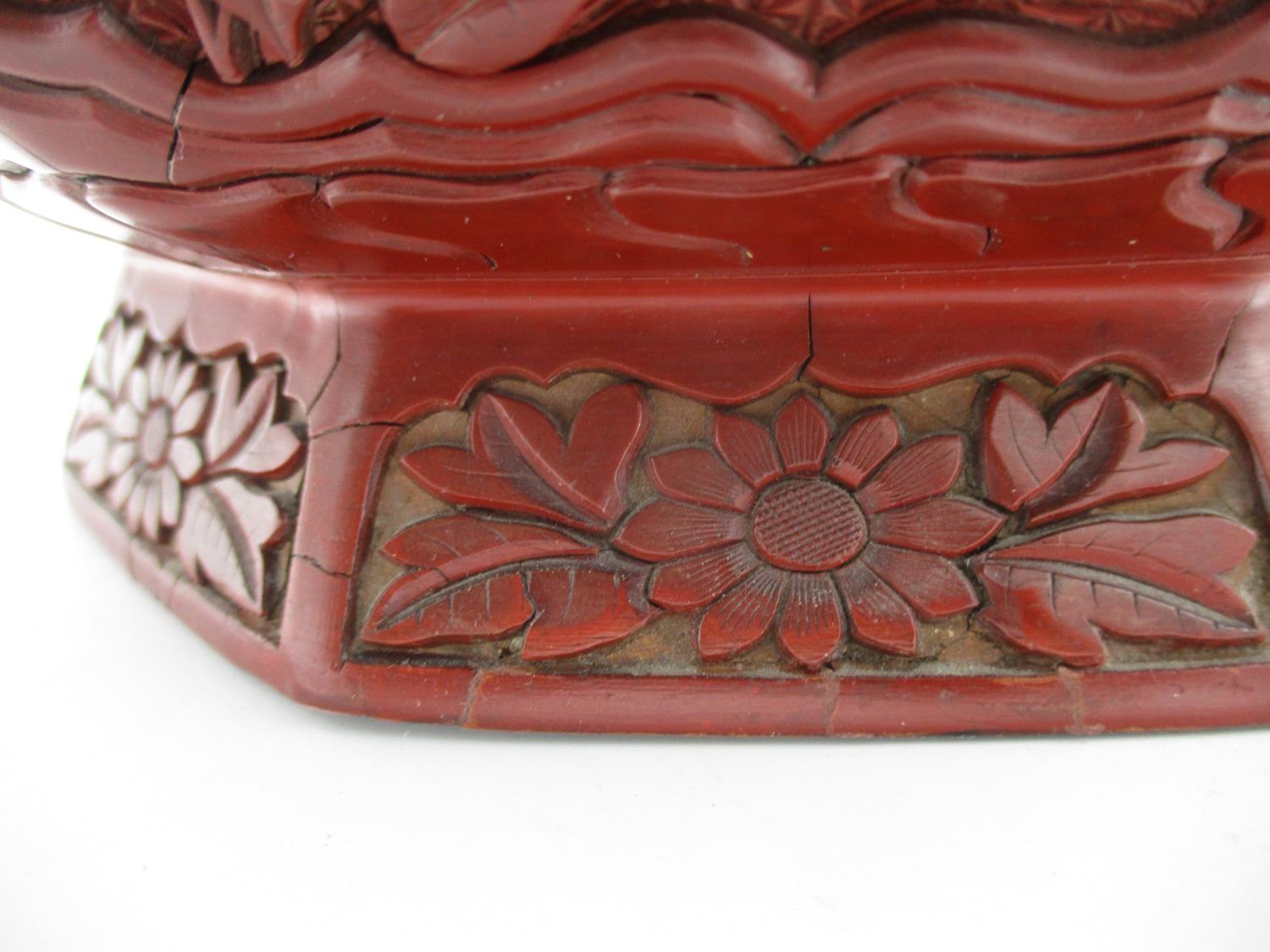 A large 19th century Chinese cinnabar box of octagonal form, the domed lid decorated with panels - Image 11 of 17