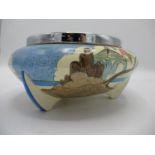 A Clarice Cliff Bizarre Blue Japan pattern fruit bowl with a chrome rim and three finned feet,