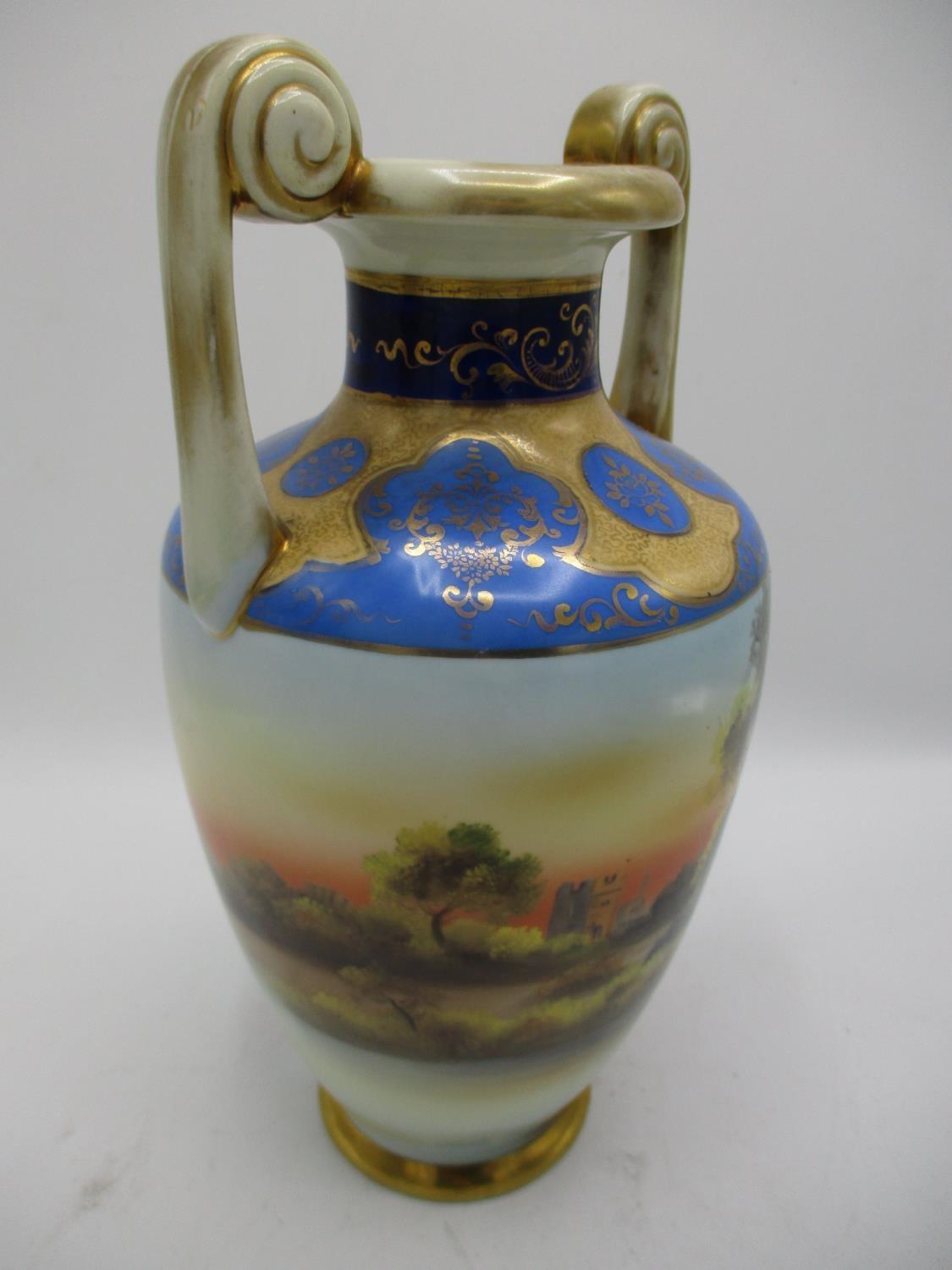 A pair of Japanese Noritake vases of baluster form with twin, spiral handles, decorated with river - Image 4 of 9