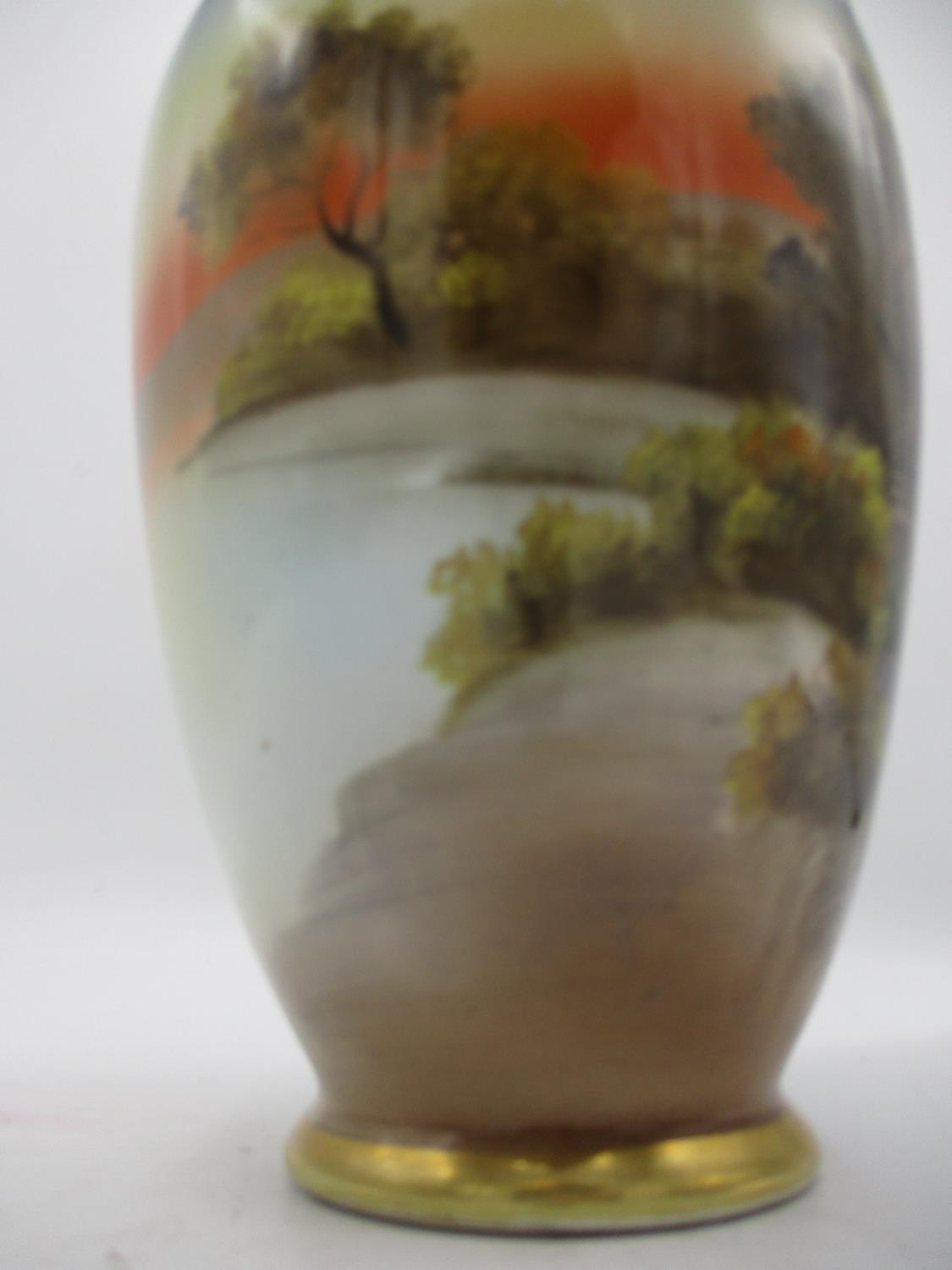 A pair of Japanese Noritake vases of baluster form with twin, spiral handles, decorated with river - Image 8 of 9