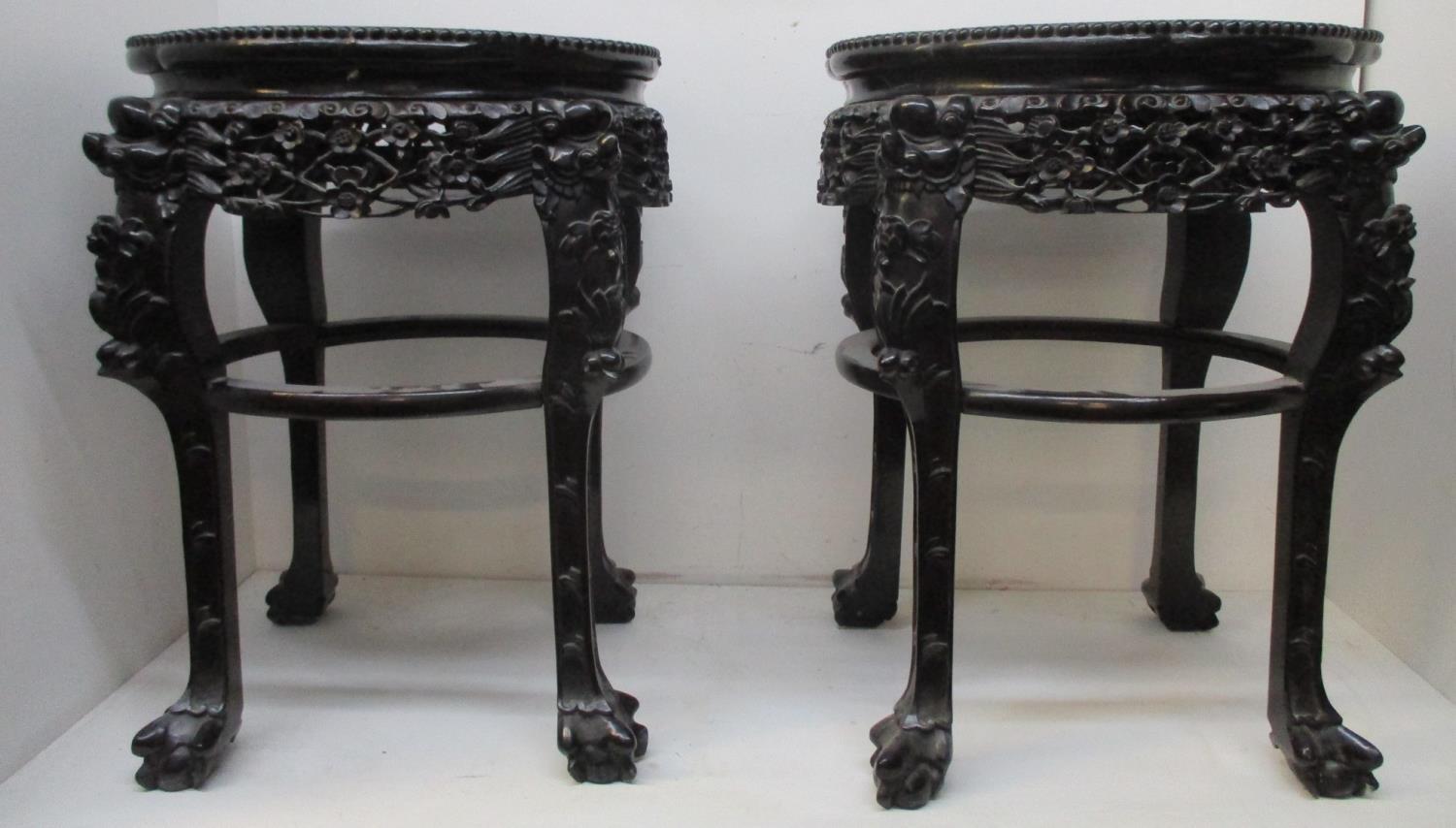 A pair of late 19th century Chinese carved hardwood tables with an inset marble, lobed top, a - Image 5 of 5
