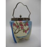 A Clarice Cliff Bizarre Blue Japan pattern biscuit barrel with a silver plated swing handle and rim,