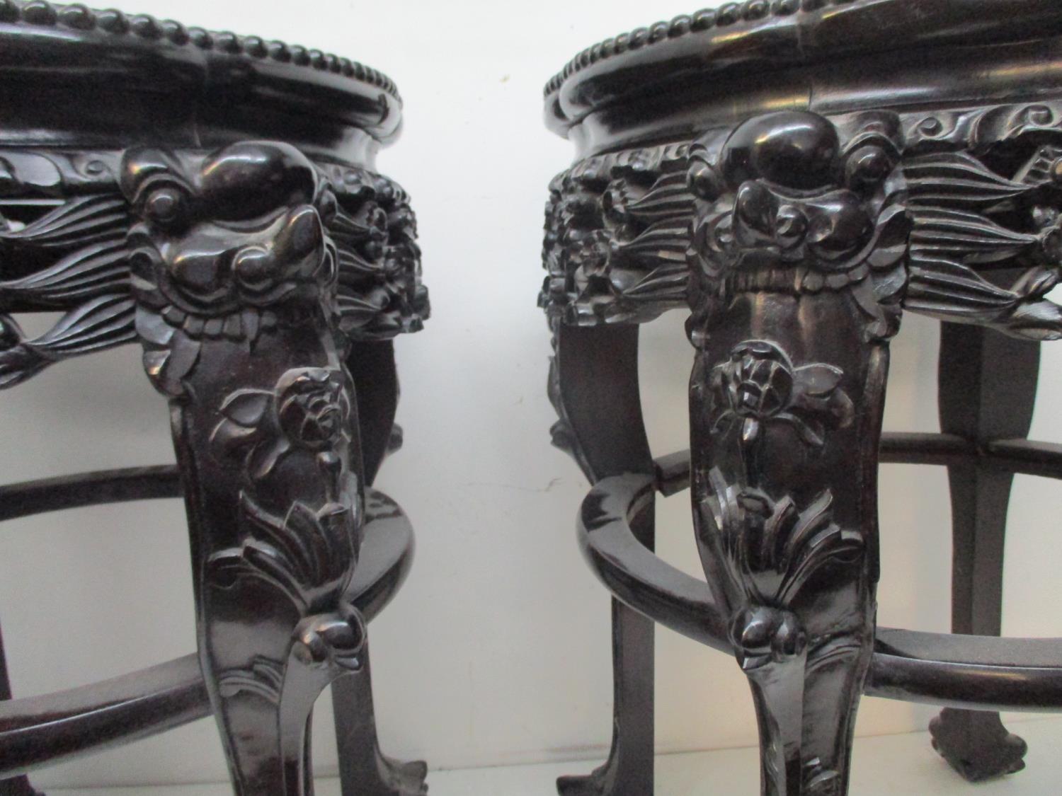 A pair of late 19th century Chinese carved hardwood tables with an inset marble, lobed top, a - Image 3 of 5