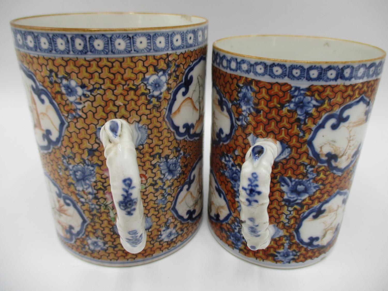 Two similar late 18th century Chinese Qing Dynasty export tankards, decorated with a panel of - Image 3 of 6