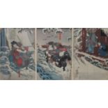Utagawa Kuniyoshi (1797-1861) Japanese - a triptych woodblock print depicting kabuki actors re-