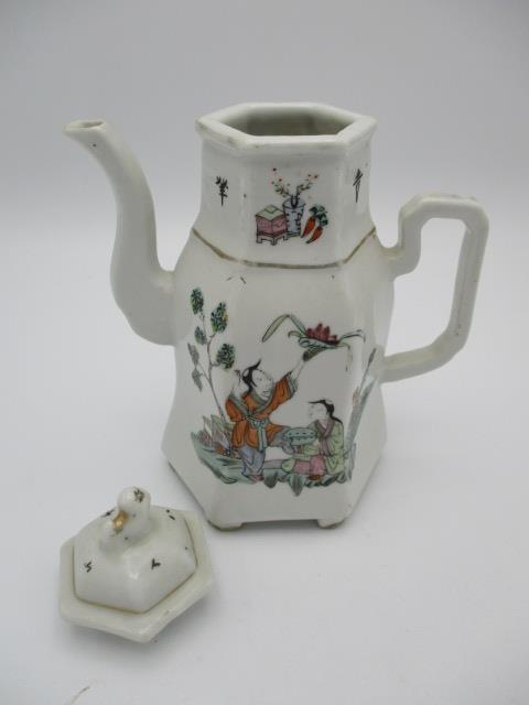 Late 19th century Chinese porcelain, the teapot of hexagonal form decorated with two figures in a - Image 7 of 27