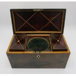 A George III boxwood and ebony string, inlaid exotic hardwood tea caddy with a silver plated ring