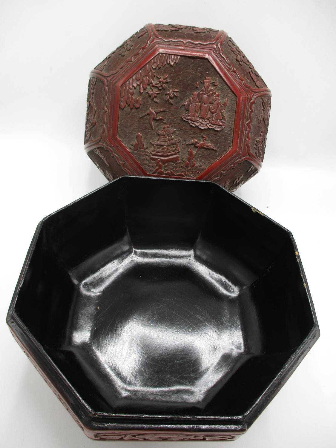 A large 19th century Chinese cinnabar box of octagonal form, the domed lid decorated with panels - Image 6 of 17