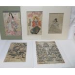 A collection of five Japanese woodblock prints to include works by Shunzan, Shunei, Kunitomi and