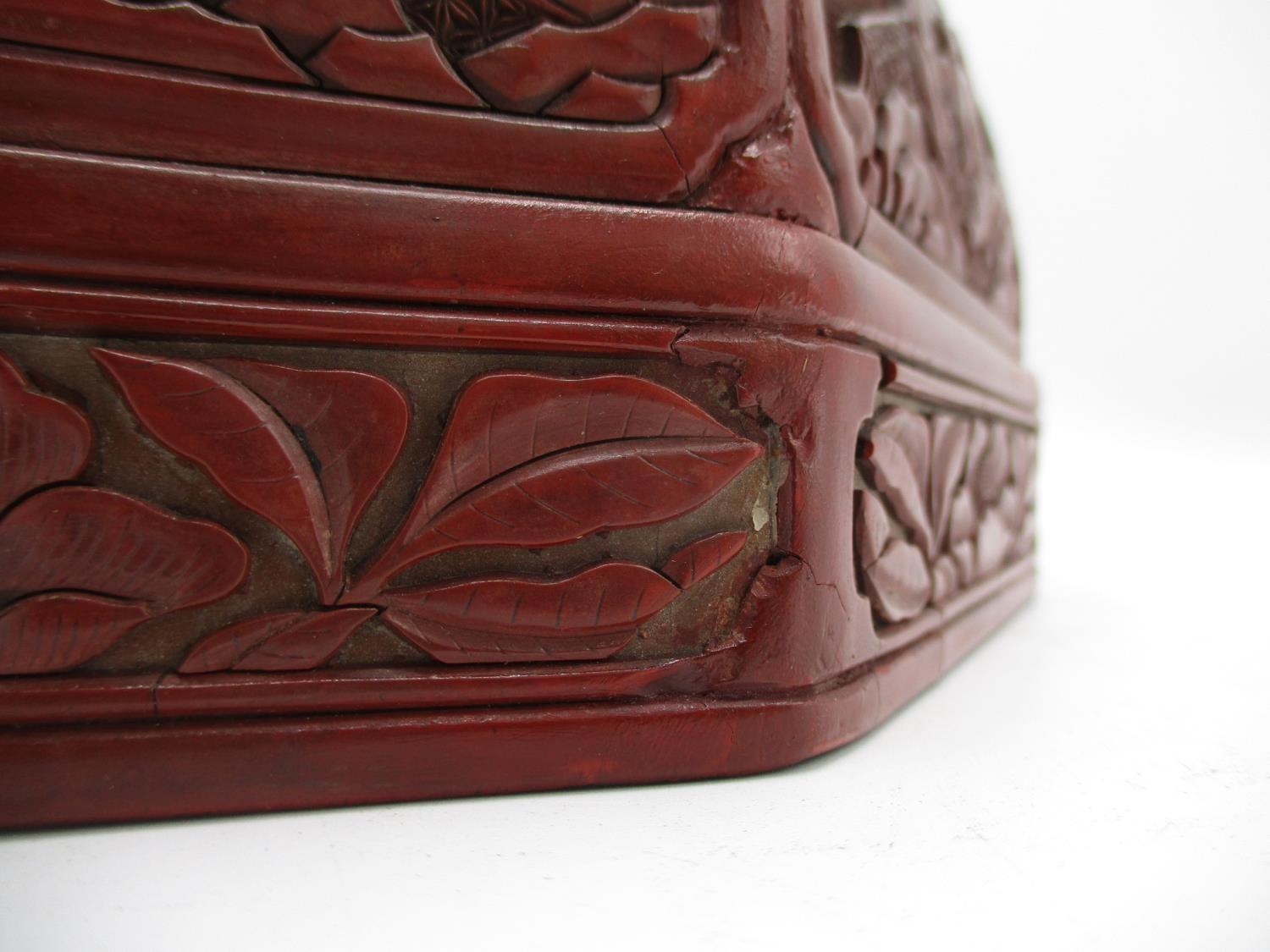 A large 19th century Chinese cinnabar box of octagonal form, the domed lid decorated with panels - Image 15 of 17