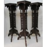 A set of three early 20th century Anglo Indian, carved hardwood plant stands, with hexagonal tops,