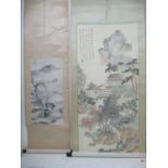 Two 20th century Chinese scrolls, one of a landscape with a tree to the foreground, water buffalo