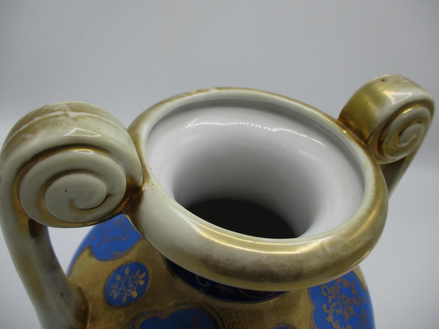 A pair of Japanese Noritake vases of baluster form with twin, spiral handles, decorated with river - Image 5 of 9