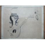 G Pelisse - a head and shoulder portrait of a woman playing a loot, wearing a stylized hat and a