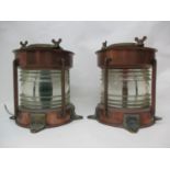 A pair of brass and copper port and starboard ships lamps, converted to electricity, 13"h