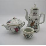 Late 19th century Chinese porcelain, the teapot of hexagonal form decorated with two figures in a