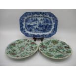A late 18th century Chinese blue and white dish of rectangular form with canted corners, decorated