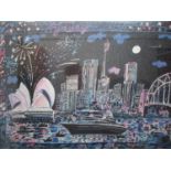 After Ken Done - a view of Sydney at Night print, 21" x 29", framed and glazed
