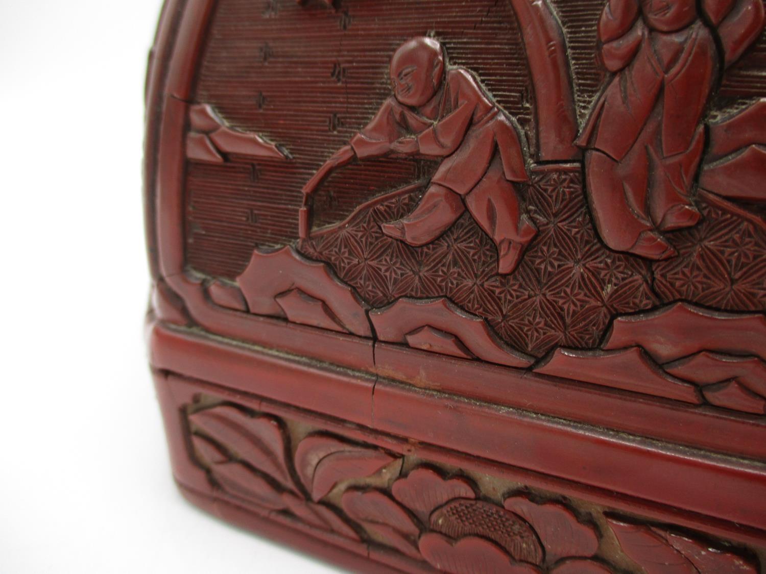 A large 19th century Chinese cinnabar box of octagonal form, the domed lid decorated with panels - Image 13 of 17