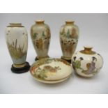 Japanese Meiji period Satsuma miniature vases, comprising a pair decorated with figures in a