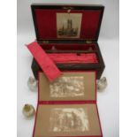 A Victorian rosewood jewellery box, the hinged lid inset with a brass plaque enclosing a flap, six