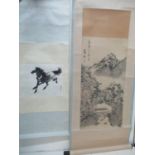 Two 20th century Chinese scrolls one of a landscape with a figure on a bridge, trees and a